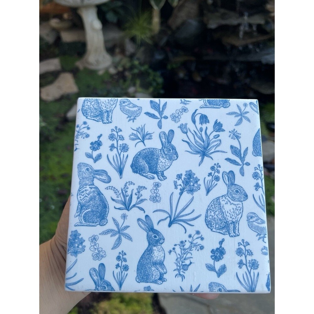 Handmade Italy Ceramic Trivet 6x6 Blue White Rabbit Floral Cork Back Cottagecore